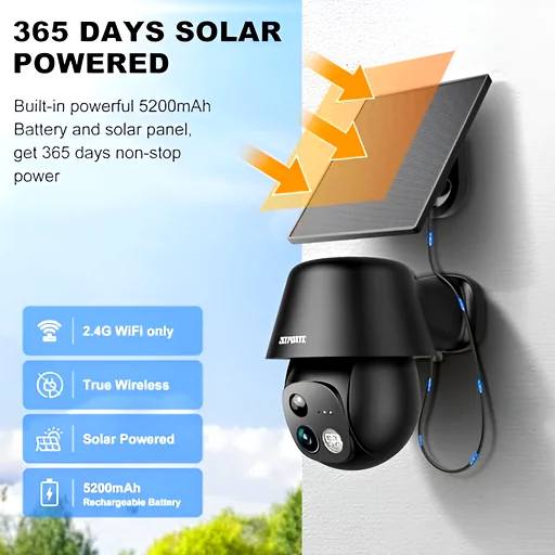 Black outdoor security camera with attached solar panel highlighting all-day solar power and wireless design