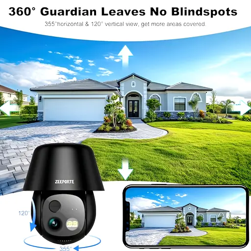 Wide-angle black security camera monitoring house with live view on smartphone
