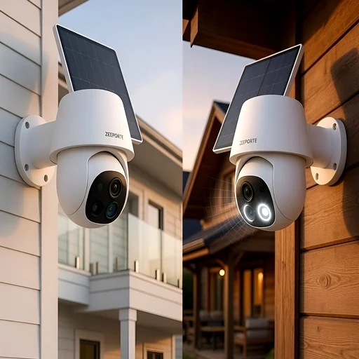 Two white solar-mounted security cameras on exterior walls showing panels and angled views — ZEEPORTE camera ready for wireless surveillance