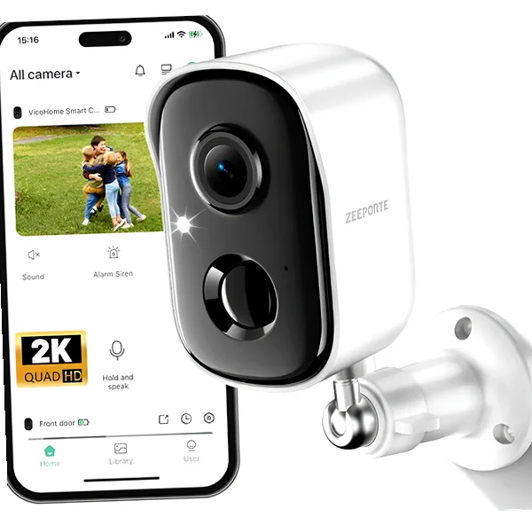 Compact outdoor camera showing color night scene and built-in spotlight