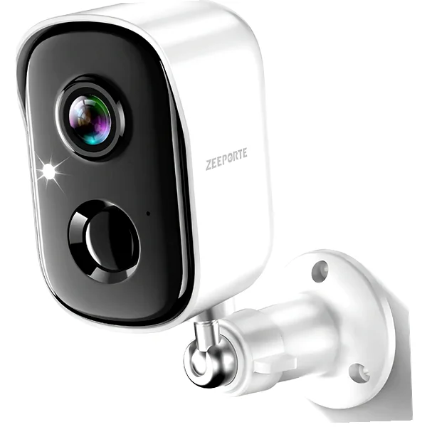 Small indoor battery camera on shelf showing crisp daytime view