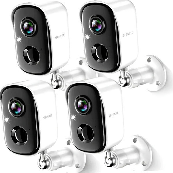 Four matching outdoor cameras arranged to show multi-angle property coverage